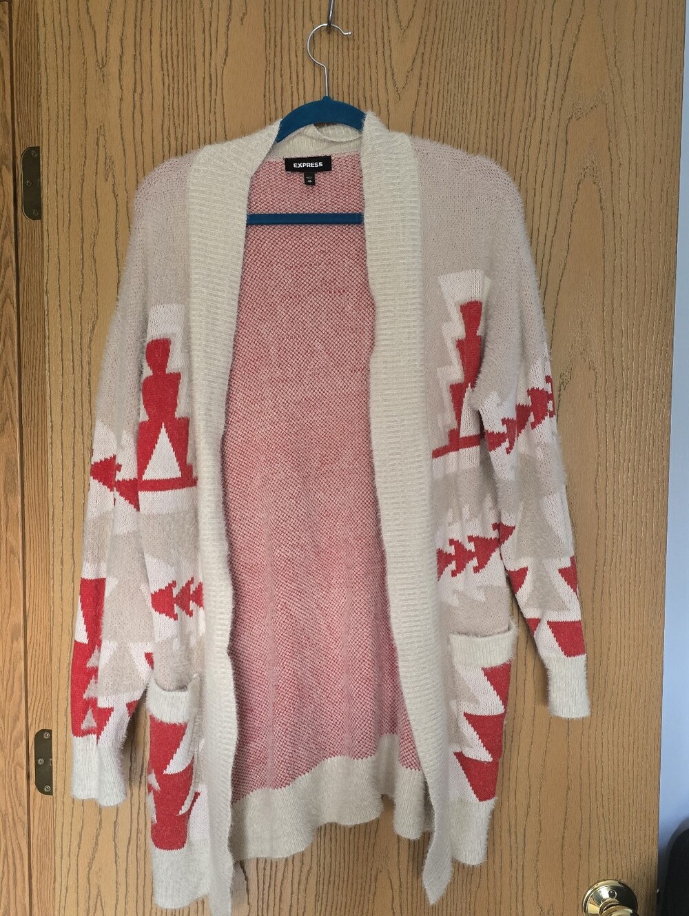 Express Cream and Red Geometric Open-Front Cardigan